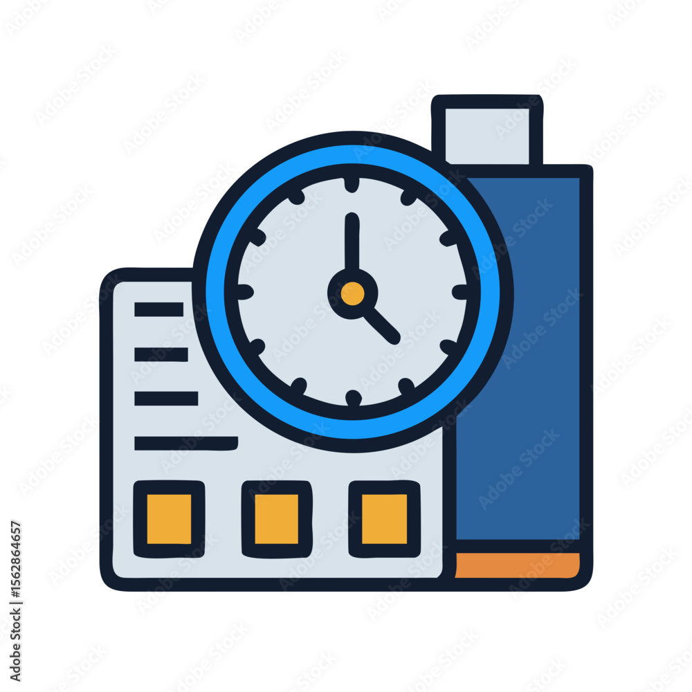 Poster vector icon showing clock with schedule and tower business