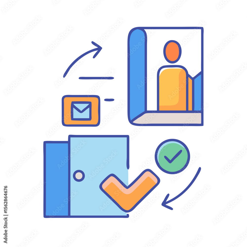 Aufkleber workflow approval process represented in flat vector illustration style