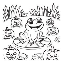 Frog on lily pad surrounded by pumpkins coloring page art