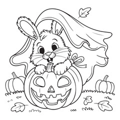 Line art of a bunny with a pumpkin and a ghost costume