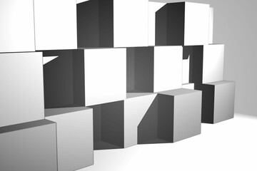 Open-faced and solid cube blocks are stacking in minimalist 3D render scene with angular shadows