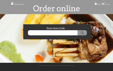 Flat design website is showing lamb rack with potatoes and herb sauce, featuring dark search bar