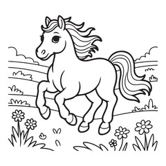 Cartoon horse running in a field coloring page illustration