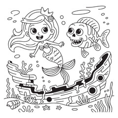 Mermaid with fish and shipwreck coloring page illustration