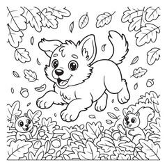 Cartoon dog playing in leaves with squirrels coloring page