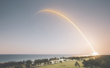 Space rocket after takeoff. A rocket launch from the island. Arc of light
