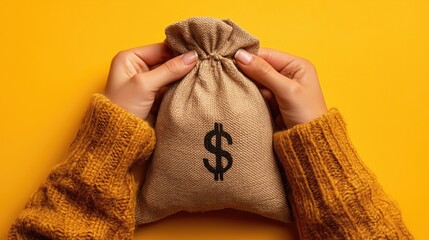 Jute money bag with savings. Cash. Sackcloth with family budget