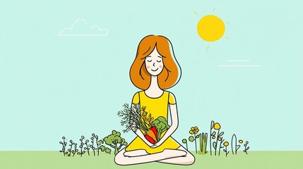 A girl meditates in the garden holding vegetables and smiling happily