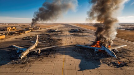 The aftermath of a devastating missile strike on a military airbase. Strategic bombers are seen completely destroyed. Wreckage