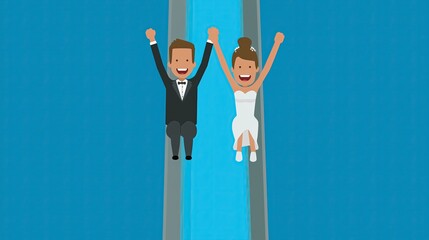 A bride and groom going down a high slide. Happy newlyweds sliding down narrow, tall vertical tube