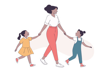 Family bonding in stride: A mother shares a warm, connected moment as she strolls hand-in-hand with her two children, embodying love and support in their daily life. 