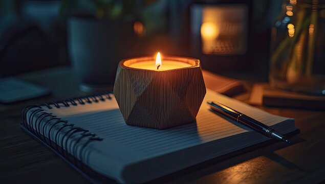 Warm candlelight illuminates a geometric wooden candle on a notepad - Powered by Adobe