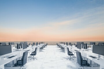 Obraz premium 3D render showing white desks with black monitors and chairs floating on marble platform over sea