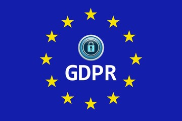 GDPR emblem is shining in flat illustration on deep blue background with yellow stars and padlock
