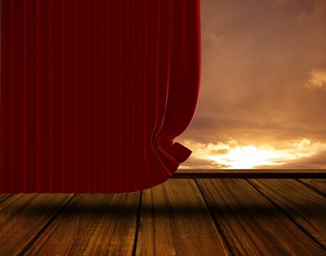 Fototapeta Red velvet curtain is drawing open on stage floor in flat design, revealing glowing sunset sky