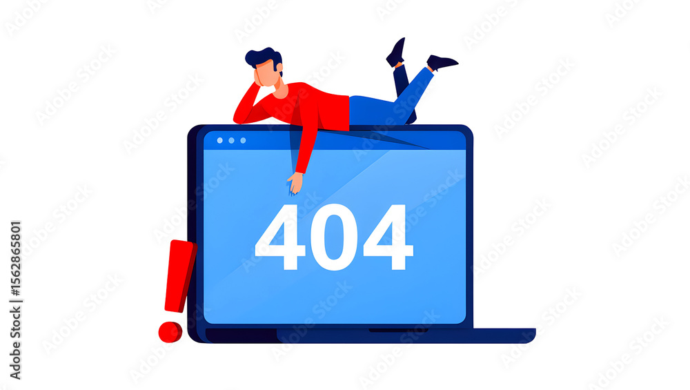 Poster man lying on laptop displaying 404 error page with red exclamation mark isolated on a transparent ba