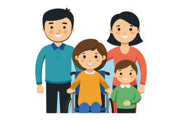 Family with Wheelchair Child: A smiling family stands together, featuring a daughter in wheelchair, a symbol of love, support, and inclusion.