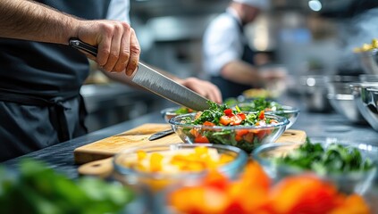 Chef preparing a salad.  Hands using a knife to chop vegetables in glass bowls. Busy kitchen setting