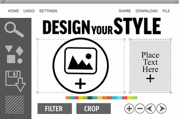 Displaying flat design app showing circular placeholder, text field, swatches, filter crop buttons