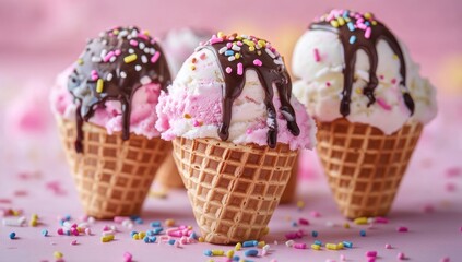 Three ice cream cones, pink and white swirl, chocolate drizzle, sprinkles