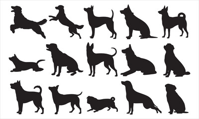 Collection of diverse dog breeds in various poses silhouette