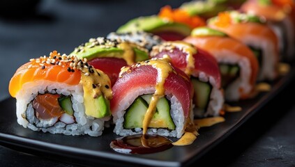 Colorful sushi rolls on a dark plate