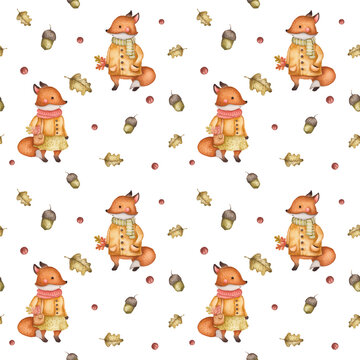 Illustration of a pattern of a fox and acorns