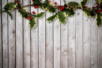 Holly twigs over wooden planks