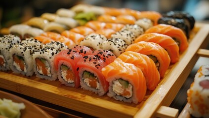 Sushi platter with diverse rolls