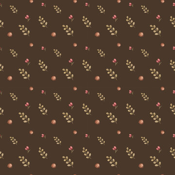 Illustration of a pattern of leaves and rosehips