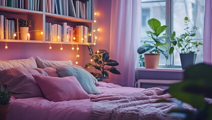 Cozy bedroom with warm lighting and plants