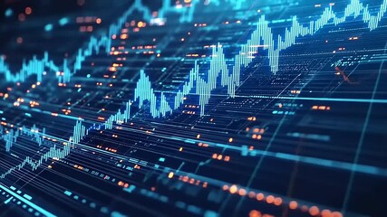 Data visualization of stock market trends with blue and orange lines on a digital grid background - Powered by Adobe
