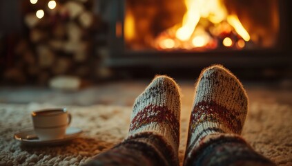 Cozy feet in warm socks by a crackling fireplace.  Relaxing scene with a cup of coffee and holiday decorations