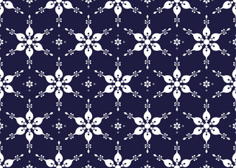 Seamless white floral blooming on dark blue background, ethnic fabric pattern, Portuguese style, design for cloth, carpet, batik, wallpaper, wrapping etc.
