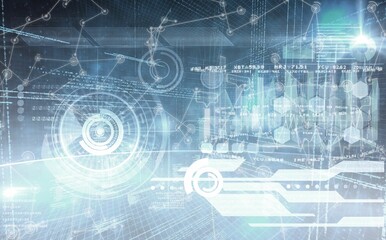 Large translucent HUD chart floating above 3D grid with binary code, bar graphs, hex network nodes