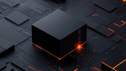 Dark, metallic, cube on circuit board.  Orange highlights