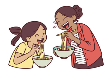 Joyful Noodles: A heartwarming scene captures a mother and daughter sharing laughter over a delicious bowl of noodles, embracing the warmth of family connection.