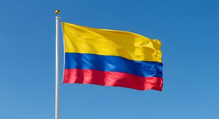 Colombian Flag Waving on Blue Sky
