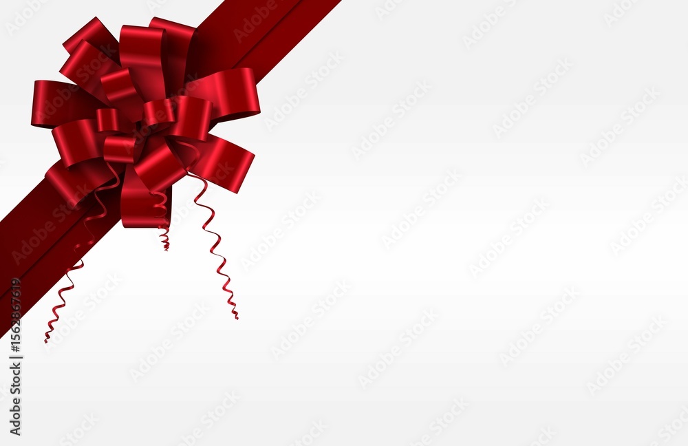 Poster featuring flat red satin ribbon bow with curled strands and diagonal strips on light-gray gradient