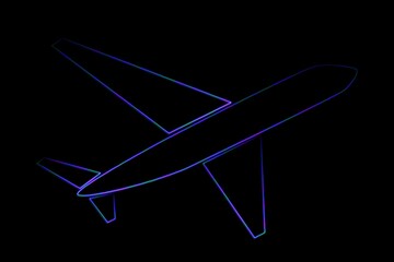 Showing neon-outlined airplane fuselage, wings and tail glowing in gradient hues against black void