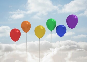 Flat design is showing six colorful latex balloons floating over thick white clouds in blue sky