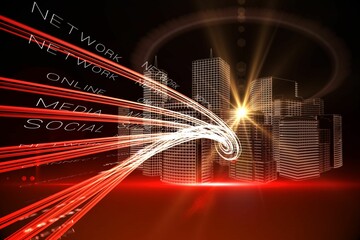 Red light beams with skyscrapers