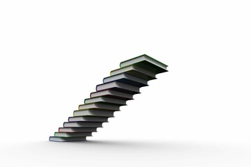 Books with rainbow spines are floating as staircase in flat design on white backdrop, copy space