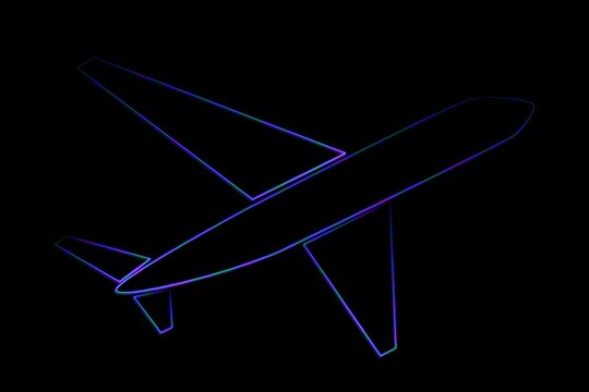 Fototapeta Showing neon-outlined airplane fuselage, wings and tail glowing in gradient hues against black void