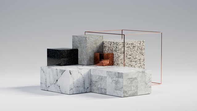 Geometric still life arrangement featuring stone and metal elements