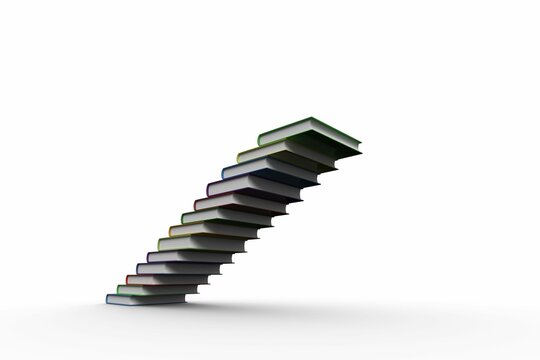 Books with rainbow spines are floating as staircase in flat design on white backdrop, copy space