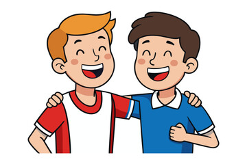 Joyful Friendship: Two boys embrace, laughing heartily, their arms around each other's shoulders, a heartwarming depiction of friendship and shared happiness.