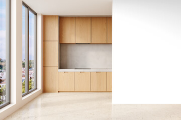 Modern kitchen interior with natural wood cabinets isolated on transparent background with soft...