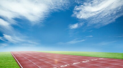 Flat design red running track is crossing green field with white lane markings, finish line numbers