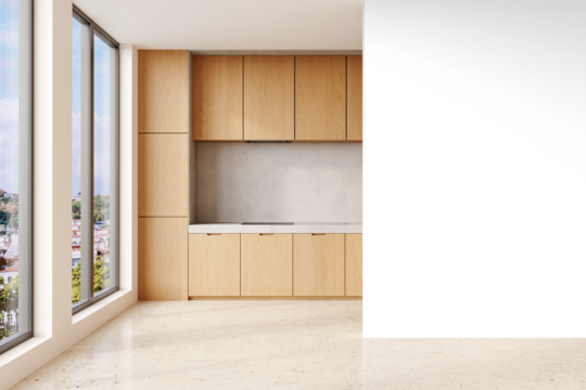 Modern kitchen interior with natural wood cabinets isolated on transparent background with soft shadows, optimized for 3D renderings